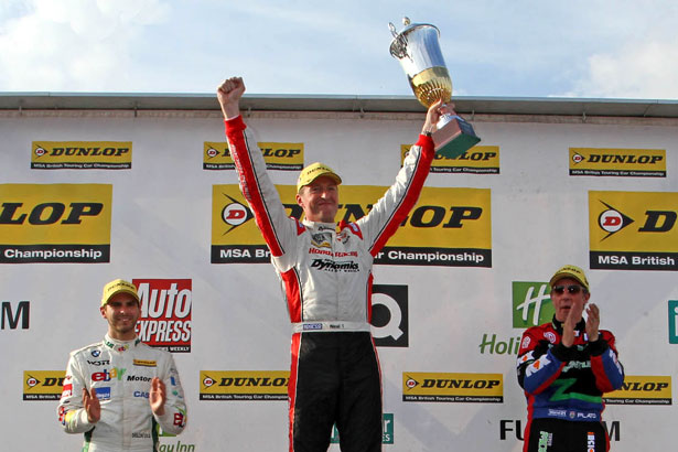 Matt Neal celebrates alongside Jason Plato and Tom Onslow-Cole