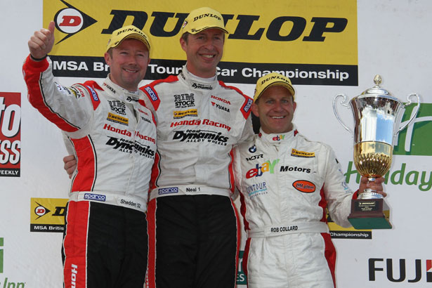 Matt Neal on the podium with Gordon Shedden (left) and Rob Collard (right)