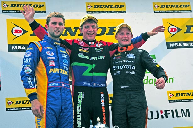 Jason Plato celebrates victory with Frank Wrathall and Andrew Jordan