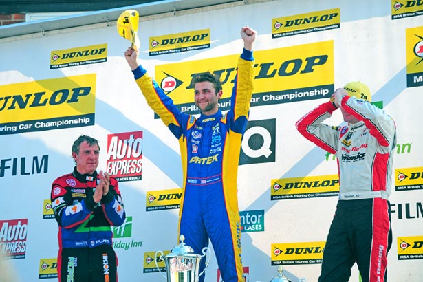 Andrew Jordan celebrates his first win of the 2012 BTCC season