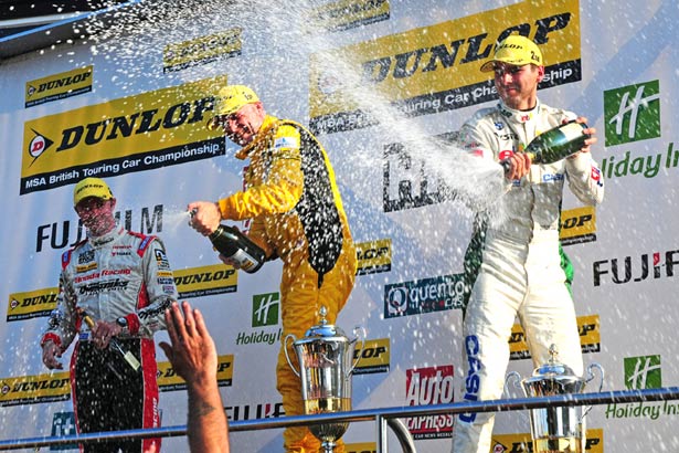 Dave Newsham celebrates his maiden BTCC victory at Snetterton