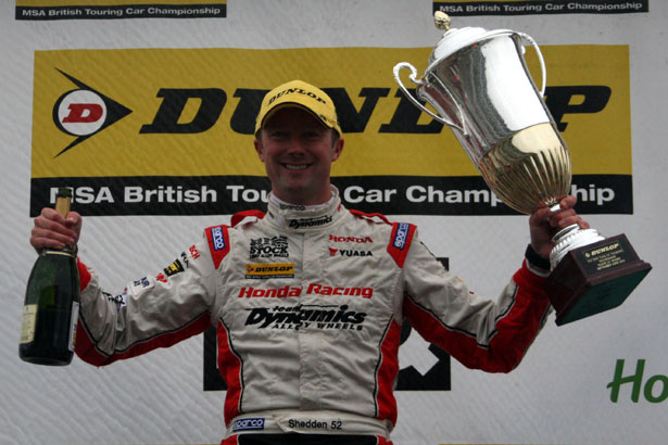 Gordon Shedden celebrates his 2nd win of the day at Rockingham