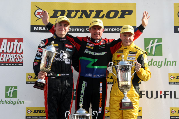 Aron Smith, Jason Plato and Dave Newsham celebrate after the first race