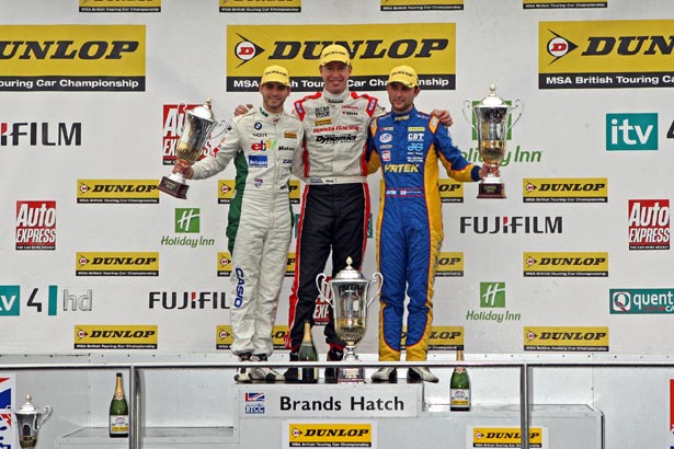 Tom Onslow-Cole, Matt Neal and Andrew Jordan celebrate on the podium