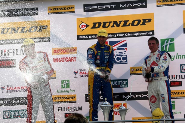 Andrew Jordan enjoying his victory with Matt Neal and Jason Plato