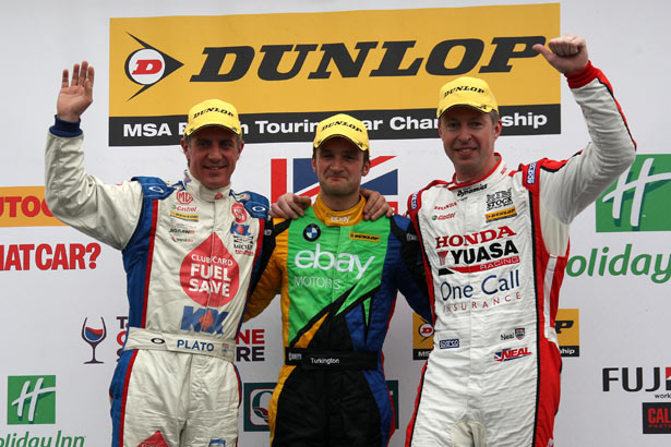 Colin Turkington on the podium with Jason Plato (left) and Matt Neal (right)