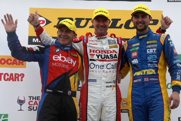 Shedden celebrates his victory with Rob Collard (left) and Andrew Jordan (right)
