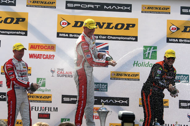 Podium celebrations for Shedden (left), Neal (centre) and Austin (right)