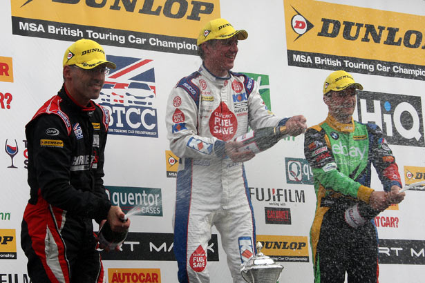 Jason Plato celebrates his 2nd podium of the day with Menu and Turkington