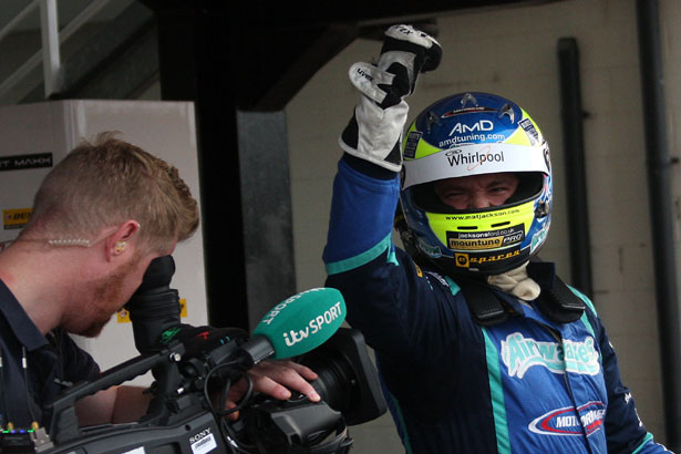 Mat Jackson is ecstatic with his win in the 3rd race at Silverstone