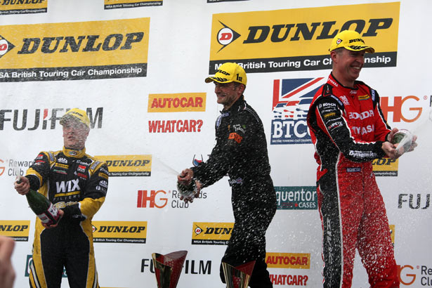 Podium celebrations: Adam Morgan, Colin Turkington and Matt Neal