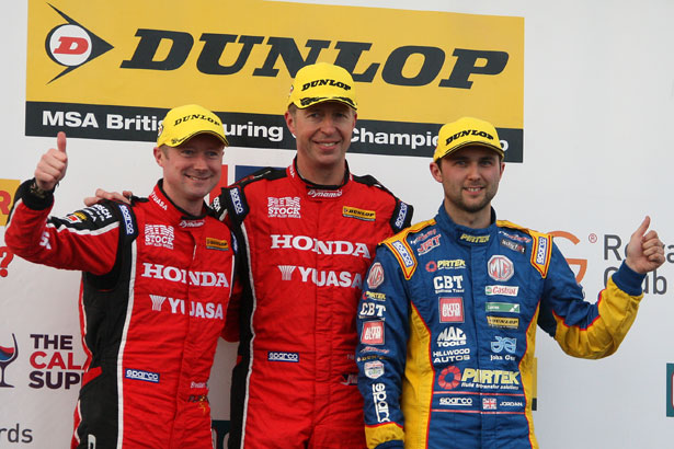 Race 3 podium - Gordon Shedden (3rd), Matt Neal (1st) and Andrew Jordan (2nd)