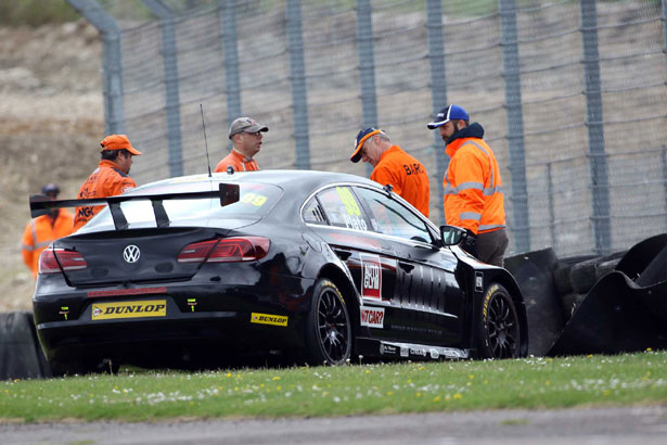 A puncture caused Jason Plato to crash at the end of the first session