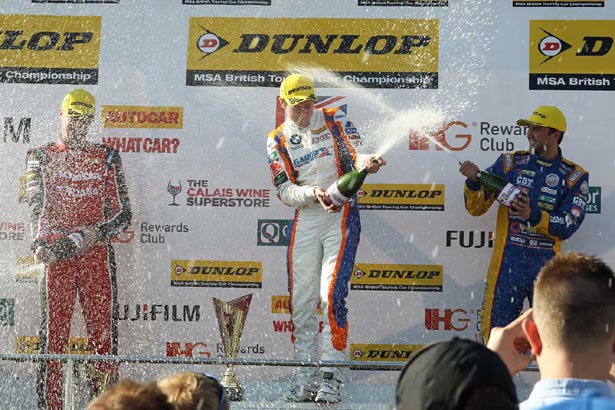 Podium celebrations for Sam Tordoff, Andrew Jordan and Matt Neal