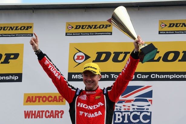 Gordon Shedden with his first winners' trophy of the 2015 season