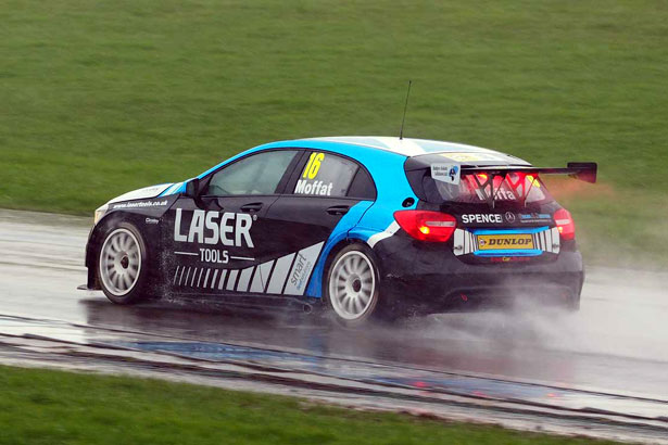 Aiden Moffat testing in the rain at a wet Donington Park