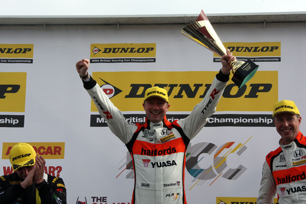 Gordon Shedden on the podium with Matt Neal and Aron Smith