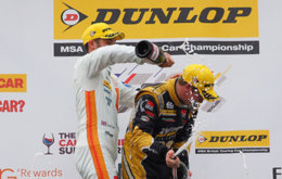 Jack Goff 'helps' Adam Morgan celebrate his race three victory