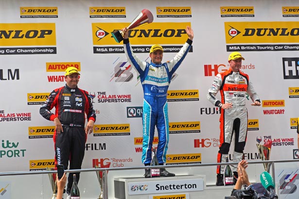 Podium celebrations for Colin Turkington, Gordon Shedden and Mat Jackson