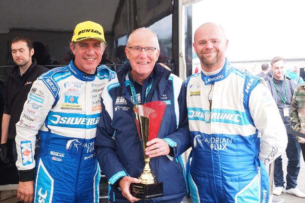 Jason Plato with team boss Warren Scott and Subaru UK's Paul Tunnicliffe