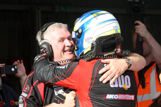 Mat Jackson and team boss David Bartrum enjoy their victory