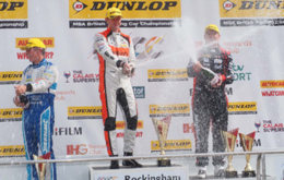 Podium celebrations for Gordon Shedden, Mat Jackson and Jason Plato