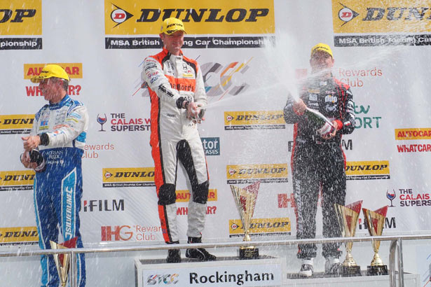 Podium celebrations for Gordon Shedden, Mat Jackson and Jason Plato