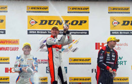 Podium celebrations for Gordon Shedden with Mat Jackson and Rob Collard