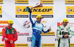 Podium celebrations for Colin Turkington, Rob Austin and Josh Cook