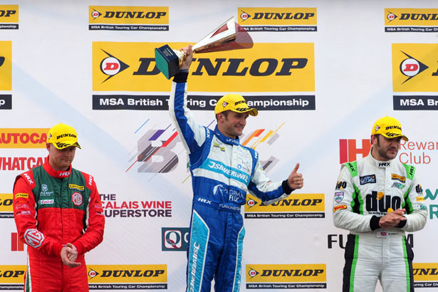 Podium celebrations for Colin Turkington, Rob Austin and Josh Cook